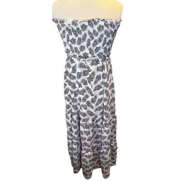 Navy blue palm tree leaf print mani dress. - Picture 3 of 7